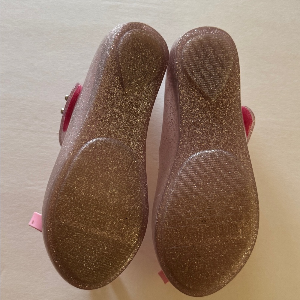 MINI MELISSA Girls 12 Glitter Pink Mary Janes w Bow, Peep Toe & Velcro Sandals - Picture 2 of 6